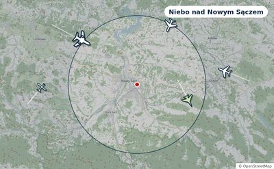 Mapa okolic miasta z sylwetkami samolotów — Niebo nad Nowym Sączem na żywo