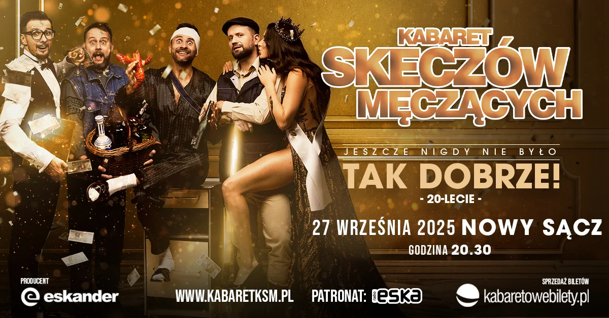 Grafika promocyjna wydarzenia 20-lecie Kabaretu Skeczów Męczących w Nowym Sączu