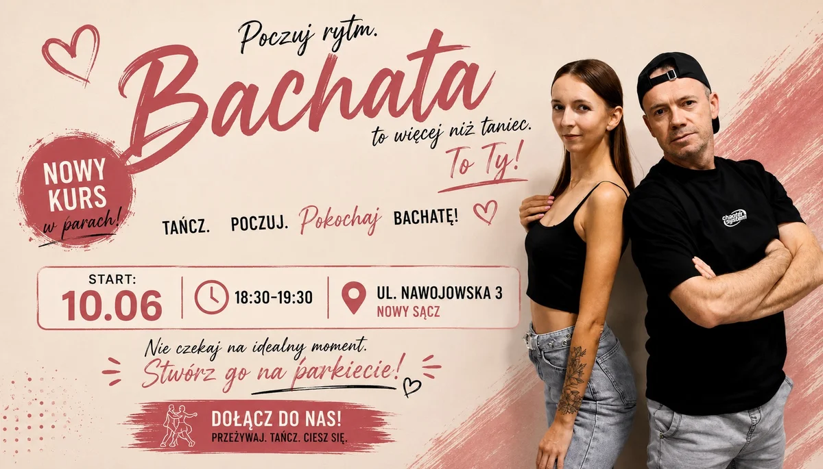 Grafika promocyjna wydarzenia Bachata w parach od podstaw w Nowym Sączu – nowy kurs dla początkujących
