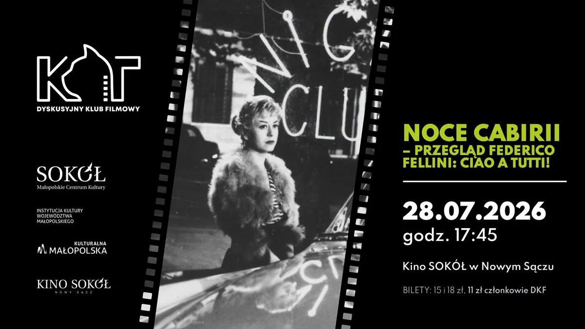 Grafika promocyjna wydarzenia Dyskusyjny Klub Filmowy KOT: „Noce Cabirii” – film Felliniego