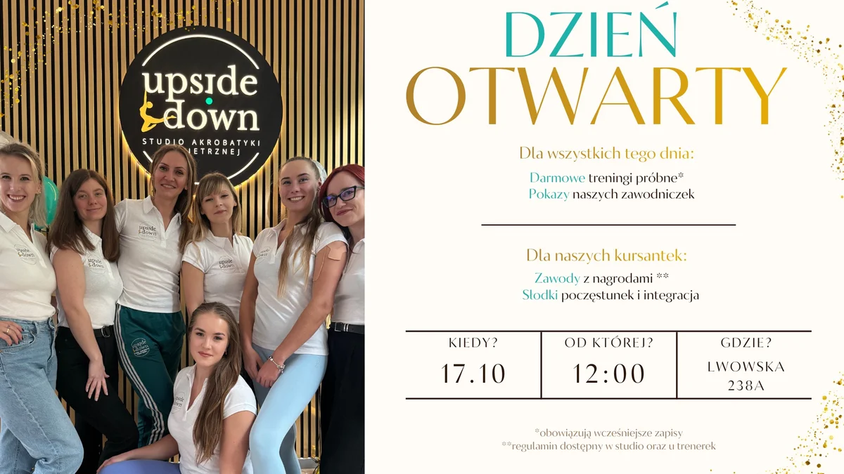 Grafika promocyjna wydarzenia Studio Upside Down – dzień otwarty w Nowym Sączu