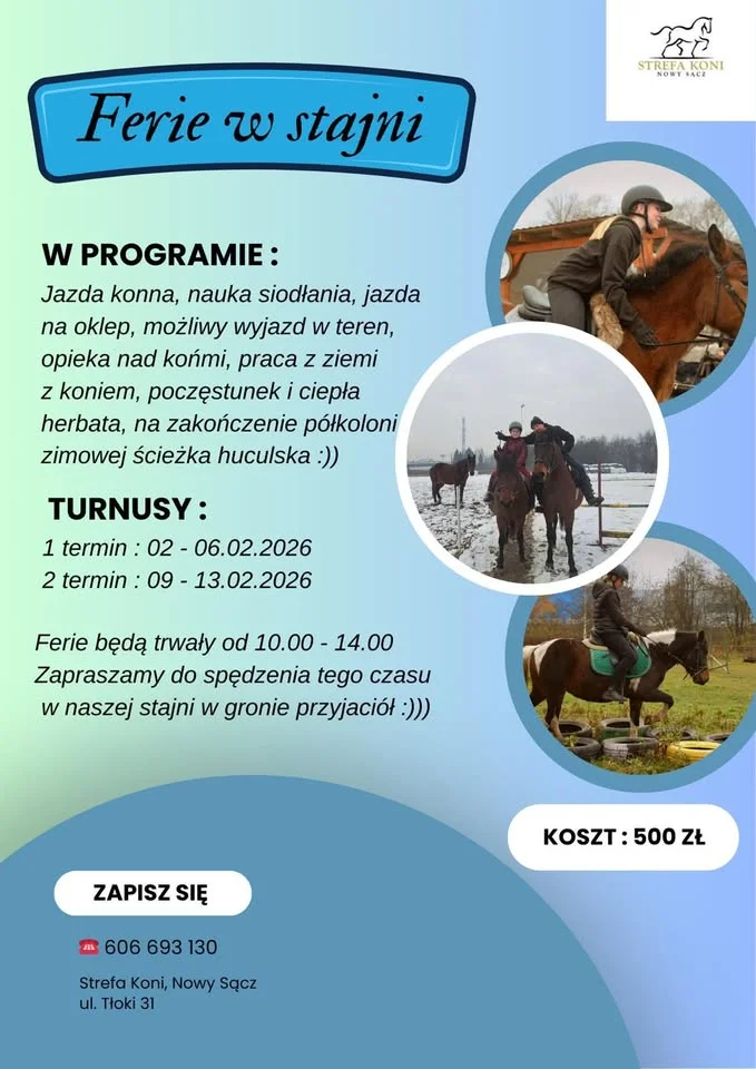Grafika promocyjna wydarzenia Ferie w Strefie Koni — półkolonie z końmi w Nowym Sączu