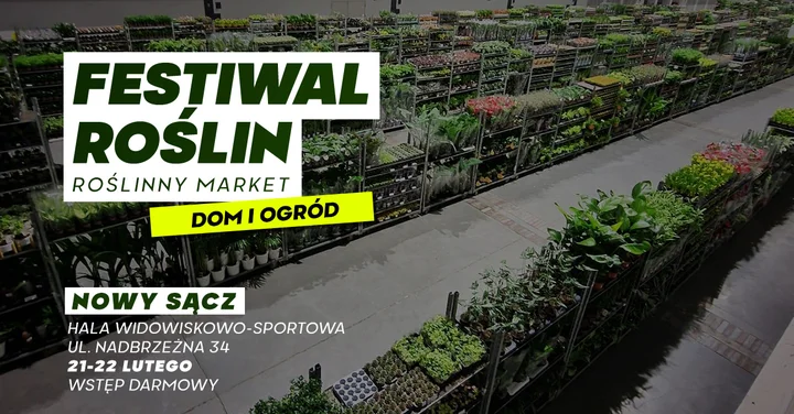 Grafika promocyjna wydarzenia Festiwal Roślin w Nowym Sączu — wielki market roślin w supercenach