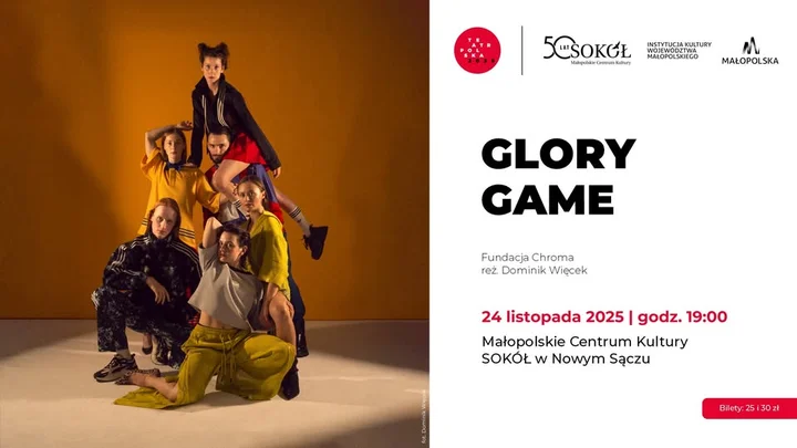 Grafika promocyjna wydarzenia Glory Game — taneczny spektakl o ciele, mediach i presji wyniku