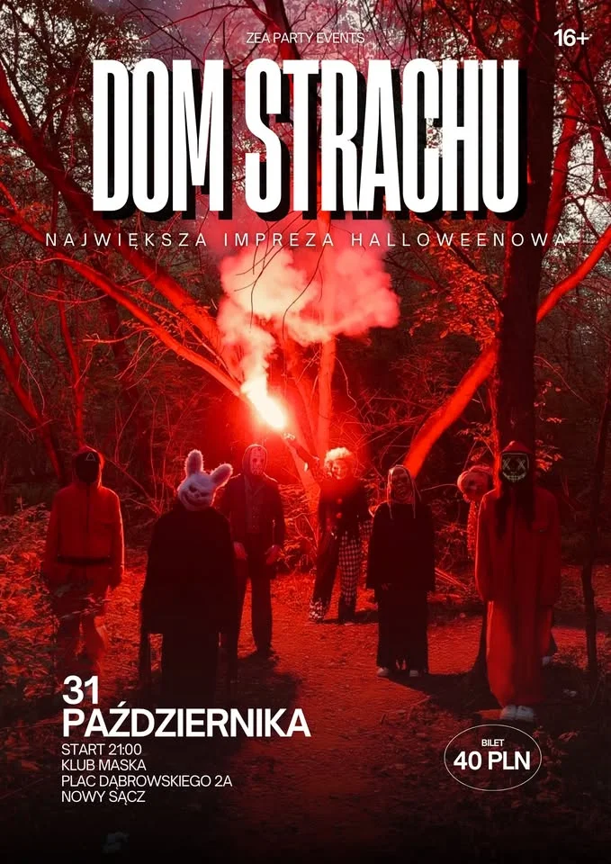 Obrazek przedstawia grafikę promocyjną wydarzenia Halloweenowa impreza w Klubie MASKA w Nowym Sączu