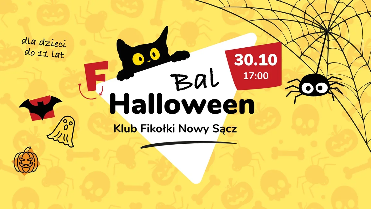 Grafika promocyjna wydarzenia Halloween w Klubie Fikołki: wieczór pełen atrakcji