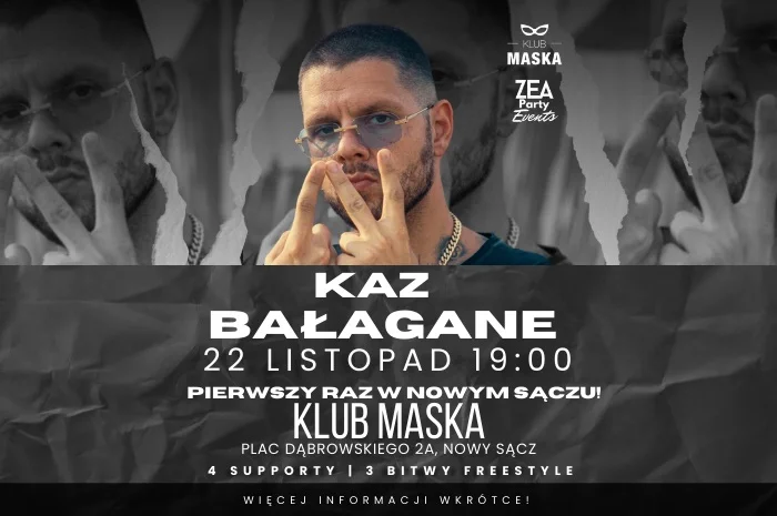 Obrazek przedstawia grafikę promocyjną wydarzenia Kaz Bałagane z pierwszym koncertem w Nowym Sączu