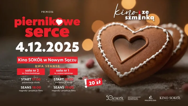 Grafika promocyjna wydarzenia Kino ze szminką: premiera „Piernikowe serce” w Kinie SOKÓŁ