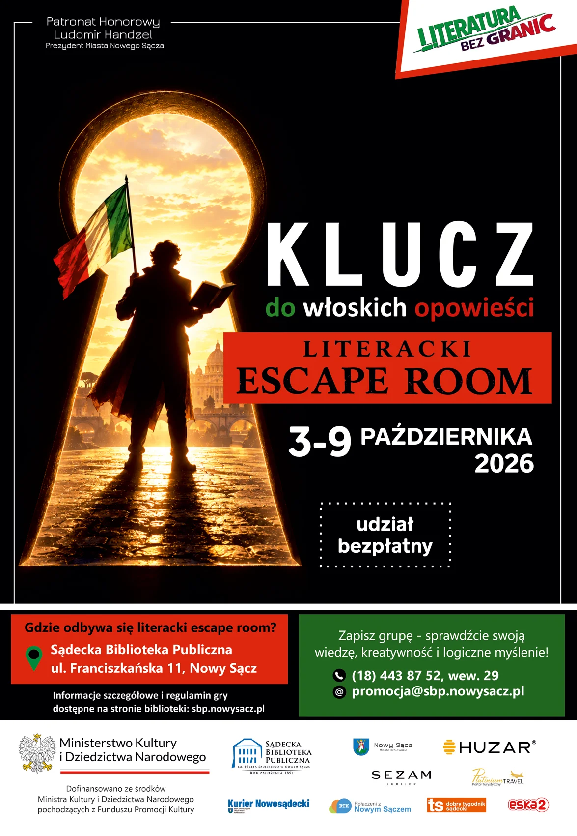 Grafika promocyjna wydarzenia „Klucz do włoskich opowieści” – literacki escape room