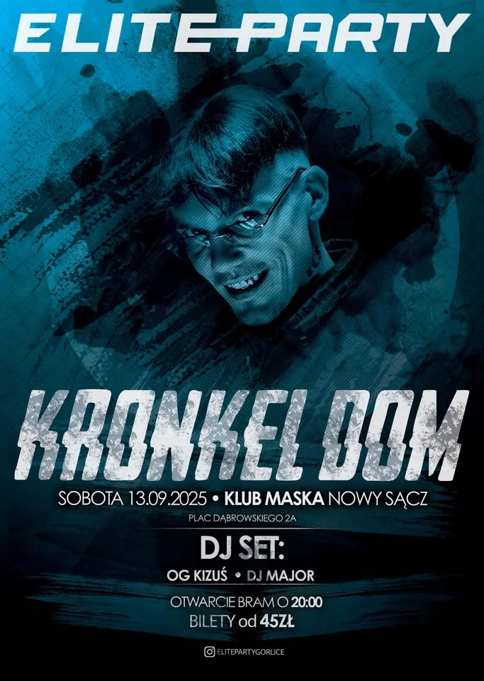 Obrazek przedstawia grafikę promocyjną wydarzenia Koncert rapera Kronkel Dom w Klubie Maska w Nowym Sączu