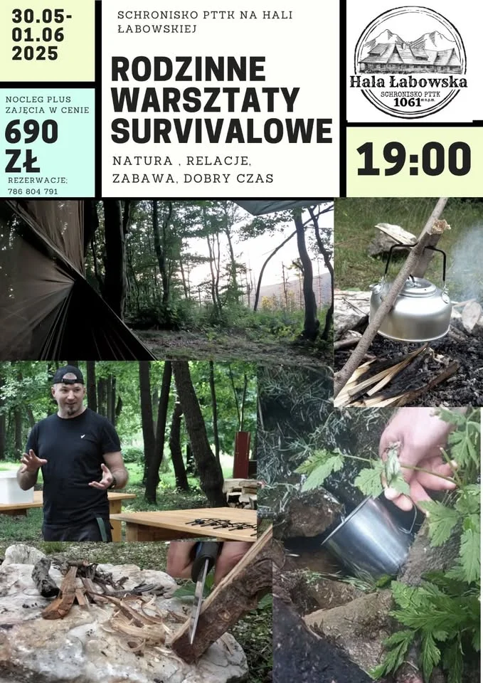 Obrazek przedstawia grafikę promocyjną wydarzenia Rodzinne warsztaty bushcraftu i survivalu na Hali Łabowskiej