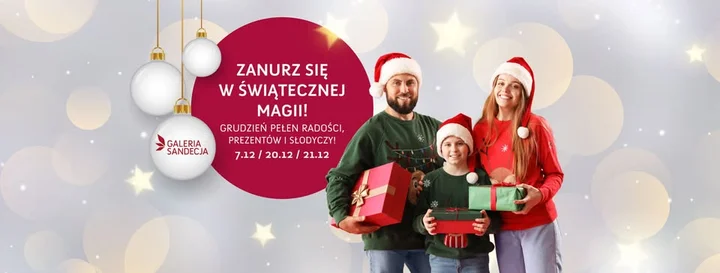 Grafika promocyjna wydarzenia Magiczny grudzień w Galerii Sandecja — świąteczne atrakcje, prezenty i darmowe pakowanie
