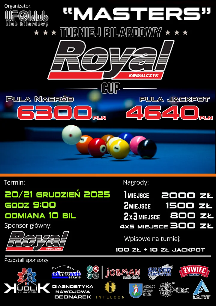 Grafika promocyjna wydarzenia MASTERS ROYAL Kowalczyk CUP 2025 — turniej bilardowy o końcówkę sezonu