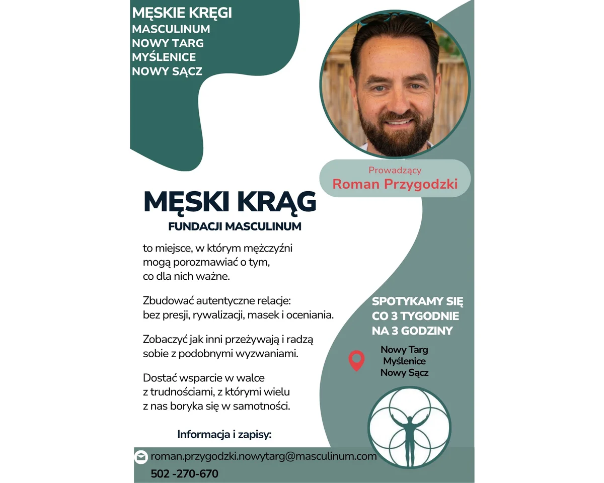 Grafika promocyjna wydarzenia Męski Krąg Masculinum Nowy Sącz – spotkanie mężczyzn