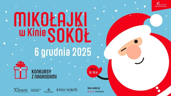 Grafika promocyjna wydarzenia Mikołajki 2025 w Kinie SOKÓŁ w Nowym Sączu