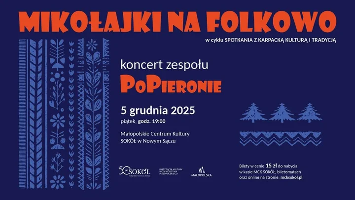 Grafika promocyjna wydarzenia Mikołajki na folkowo 2025 — koncert PoPieronie w Nowym Sączu