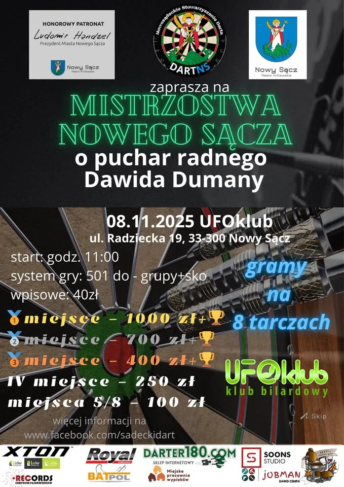 Grafika promocyjna wydarzenia Mistrzostwa Nowego Sącza w Steel Dart — 8 listopada 2025