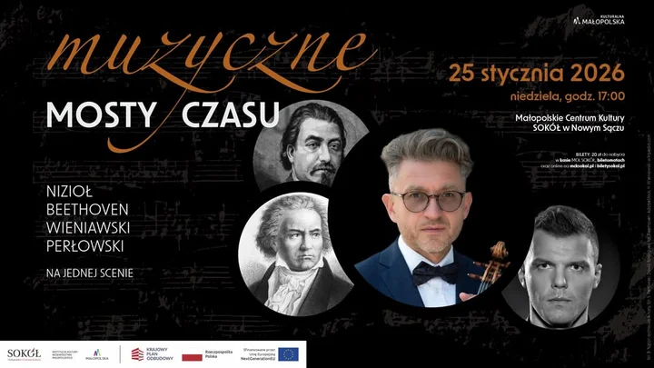 Grafika promocyjna wydarzenia Muzyczne Mosty Czasu — Nizioł, Beethoven, Wieniawski i Perłowski na jednej scenie