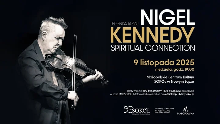 Grafika promocyjna wydarzenia Nigel Kennedy „Spiritual Connection” — koncert w Nowym Sączu