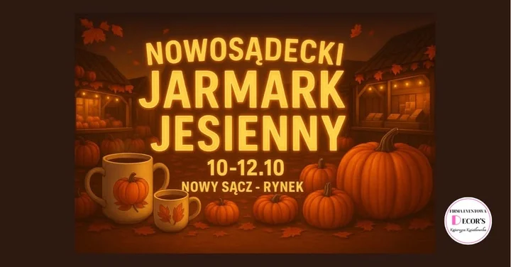 Obrazek przedstawia grafikę promocyjną wydarzenia Jesienny jarmark na Rynku w Nowym Sączu