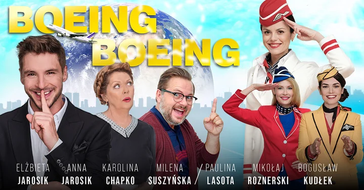 Grafika promocyjna wydarzenia Boeing Boeing w Nowym Sączu — odlotowa komedia w gwiazdorskiej obsadzie