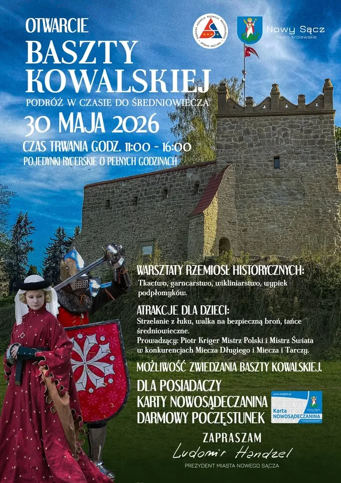 Grafika promocyjna wydarzenia Otwarcie Baszty Kowalskiej w Nowym Sączu: rycerze, warsztaty i zwiedzanie