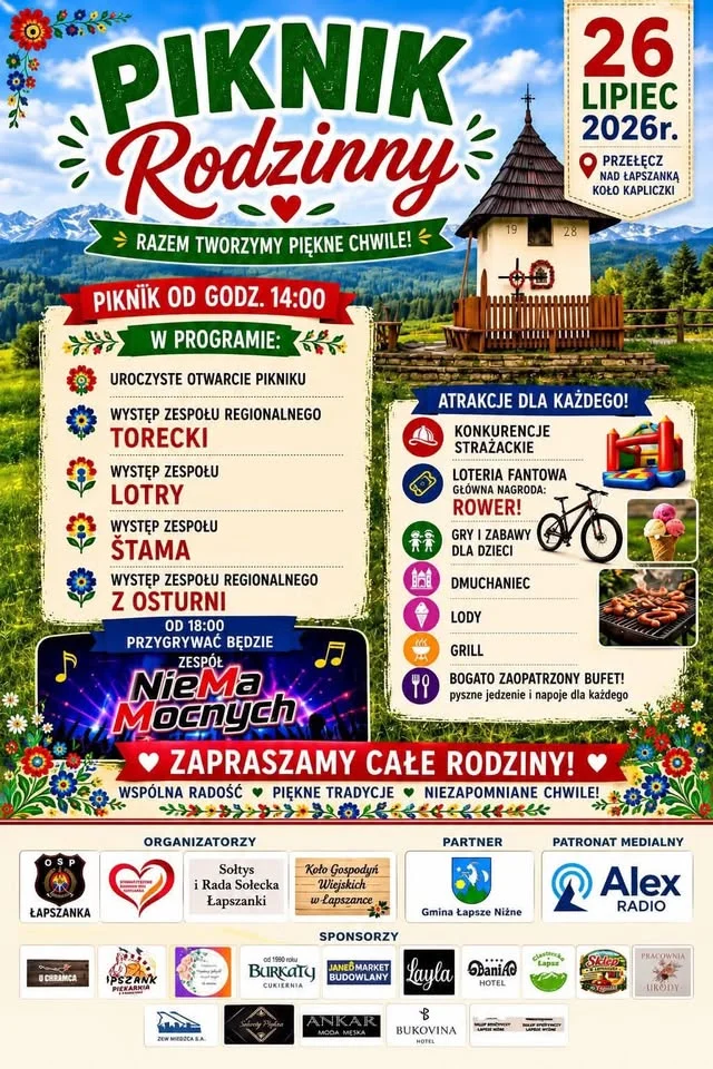 Grafika promocyjna wydarzenia Piknik Rodzinny w Łapszance – program i termin