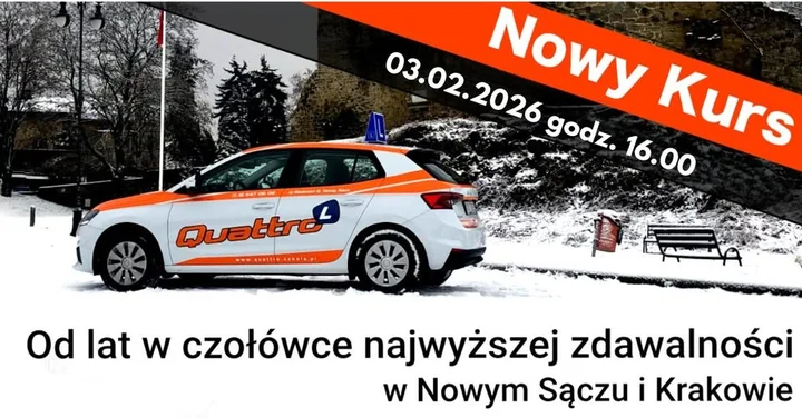 Grafika promocyjna wydarzenia Prawko z Quattro N. Sącz — najbliższy kurs startuje 3 lutego 2026