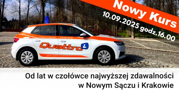 Obrazek przedstawia grafikę promocyjną wydarzenia Start nowego kursu nauki jazdy w Nowym Sączu