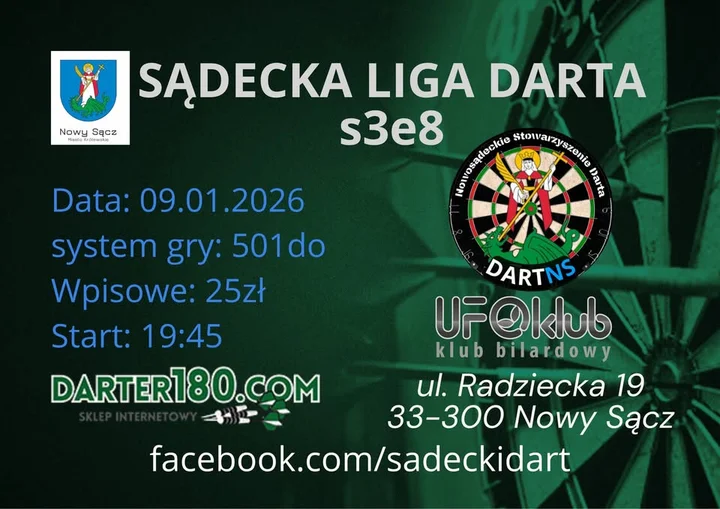 Grafika promocyjna wydarzenia Sądecka Liga Darta s3e8 — wieczorna runda darta w Nowym Sączu