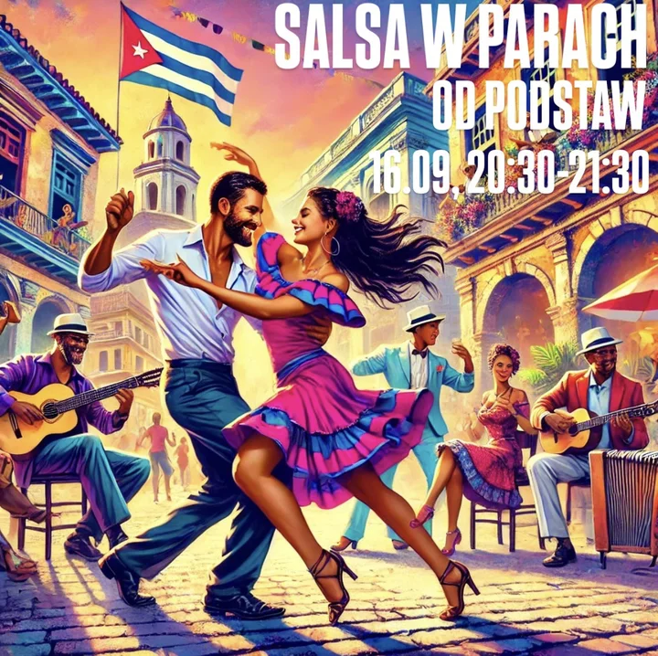 Obrazek przedstawia grafikę promocyjną wydarzenia Salsa kubańska w parach — kurs dla początkujących w Nowym Sączu