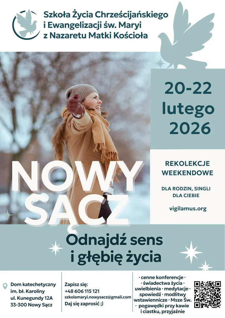 Grafika promocyjna wydarzenia Sesja zimowa Szkoły Maryi w Nowym Sączu — rekolekcje, modlitwa i wspólnota