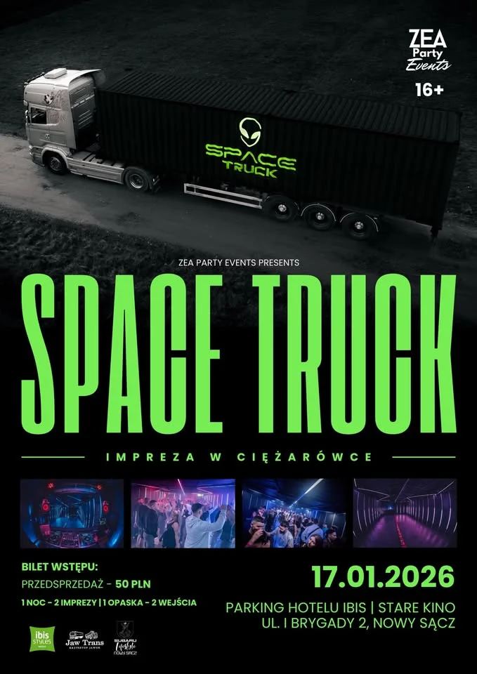 Grafika promocyjna wydarzenia SPACE TRUCK — impreza w ciężarówce w Nowym Sączu