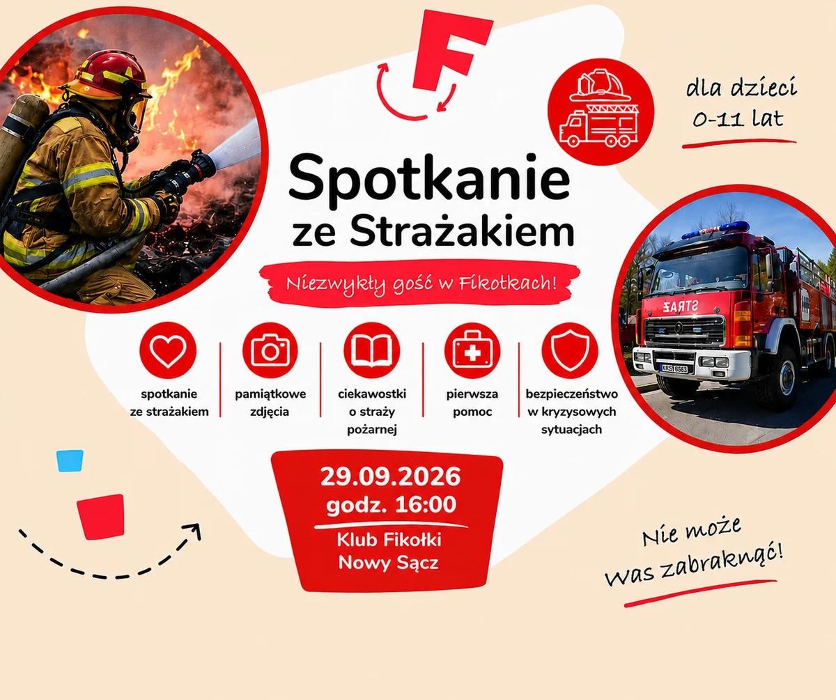 Grafika promocyjna wydarzenia Spotkanie ze Strażakiem w Fikołkach