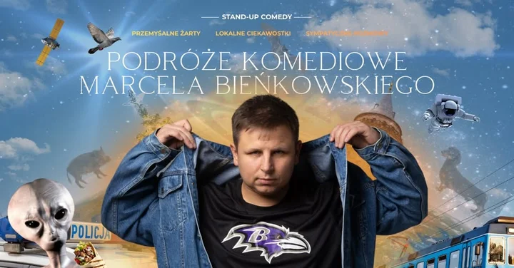 Grafika promocyjna wydarzenia Stand-up: Podróże Komediowe Marcela Bieńkowskiego w Nowym Sączu