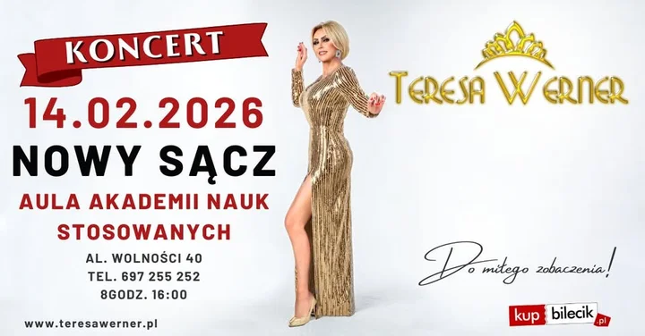 Grafika promocyjna wydarzenia Teresa Werner w Nowym Sączu — koncert 14 lutego 2026