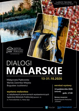 Grafika promocyjna wydarzenia „Dialogi malarskie” – wystawa trzech postaw twórczych