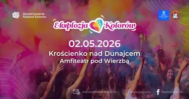 Grafika promocyjna wydarzenia Eksplozja Kolorów w Krościenku nad Dunajcem 2026 – kolorowa zabawa przy Amfiteatrze „Pod Wierzbą”