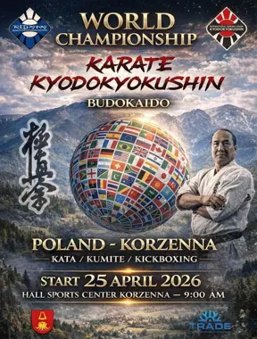 Grafika promocyjna wydarzenia IBU Kyodo Budokai World Kyokushin Championship 2026 — Nowy Sącz
