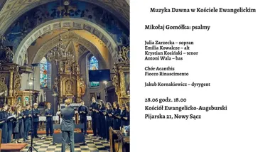 Grafika promocyjna wydarzenia MDwKE w Nowym Sączu: psalmy Mikołaja Gomółki w Kościele Ewangelicko-Augsburskim