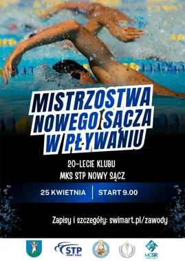 Grafika promocyjna wydarzenia Mistrzostwa Nowego Sącza w Pływaniu z okazji 20-lecia MKS STP Nowy Sącz