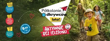 Grafika promocyjna wydarzenia Półkolonie Odkrywców w Klubie Fikołki w Nowym Sączu
