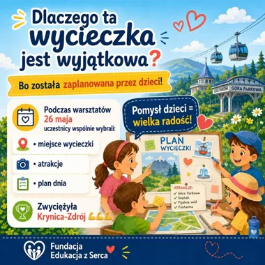 Grafika promocyjna wydarzenia RUSZAMY W TRASĘ! Wycieczka do Krynicy-Zdroju zaplanowana przez dzieci