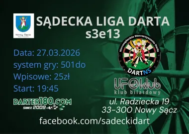 Grafika promocyjna wydarzenia Sądecka Liga Darta s3e13 — turniej w Nowym Sączu, 27 marca 2026