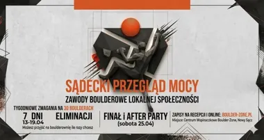 Grafika promocyjna wydarzenia Sądecki Przegląd Mocy w Nowym Sączu. Tydzień wspinaczkowych emocji w Boulder-Zone
