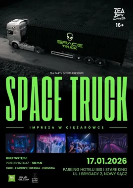 Grafika promocyjna wydarzenia SPACE TRUCK — impreza w ciężarówce w Nowym Sączu