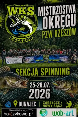 Grafika promocyjna wydarzenia Spinningowe Mistrzostwa Okręgu PZW Rzeszów na Dunajcu