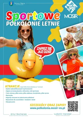 Grafika promocyjna wydarzenia Sportowe półkolonie z MOSiR Nowy Sącz – aktywne lato dla dzieci 7–14 lat