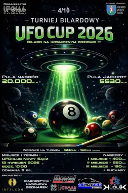 Grafika promocyjna wydarzenia Turniej UFO CUP 2026 – 9 bil do 4 wygranych partii w Nowym Sączu