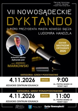 Grafika promocyjna wydarzenia VII Nowosądeckie Dyktando o Pióro Prezydenta Miasta Nowego Sącza